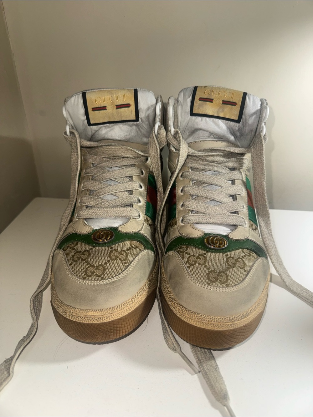 Gucci Beige High-Top Sneakers with Green & Red Web Stripe
